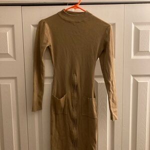 Tan Long Sleeve Dress with Pockets